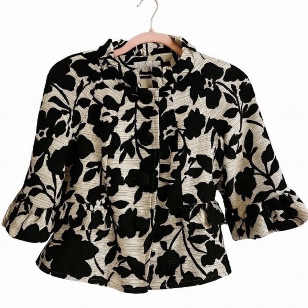 I.C.E. Women's Cropped Jacket – Black & Ivory Floral Size 2  Cotton/Linen Blend